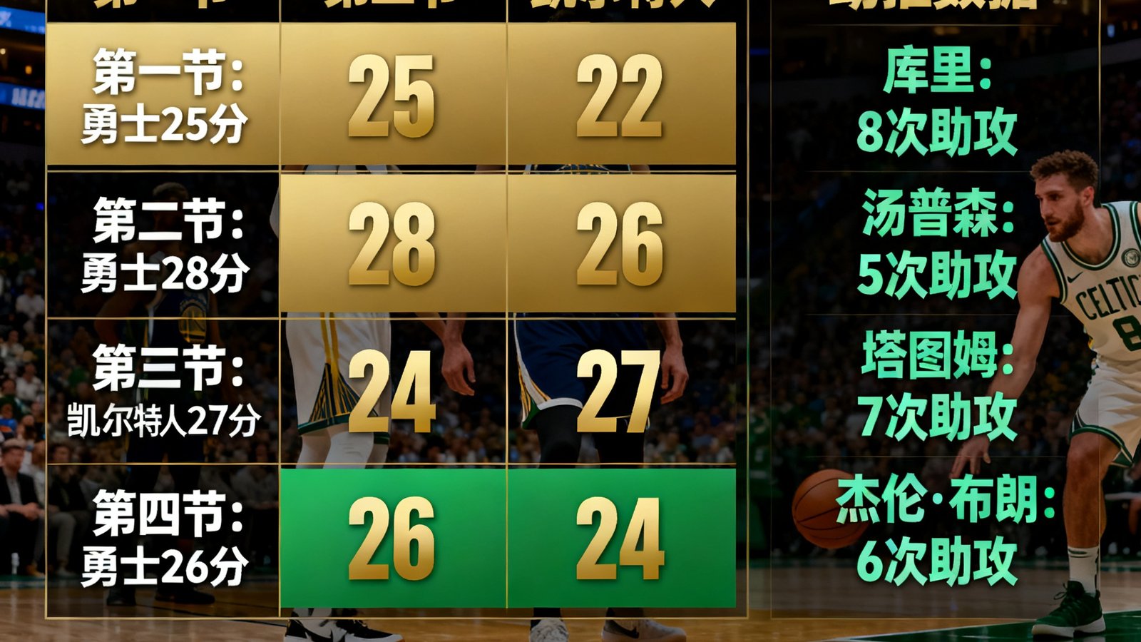 NBA季后赛勇士与凯尔特人每节得分分布与球员助攻数据面板